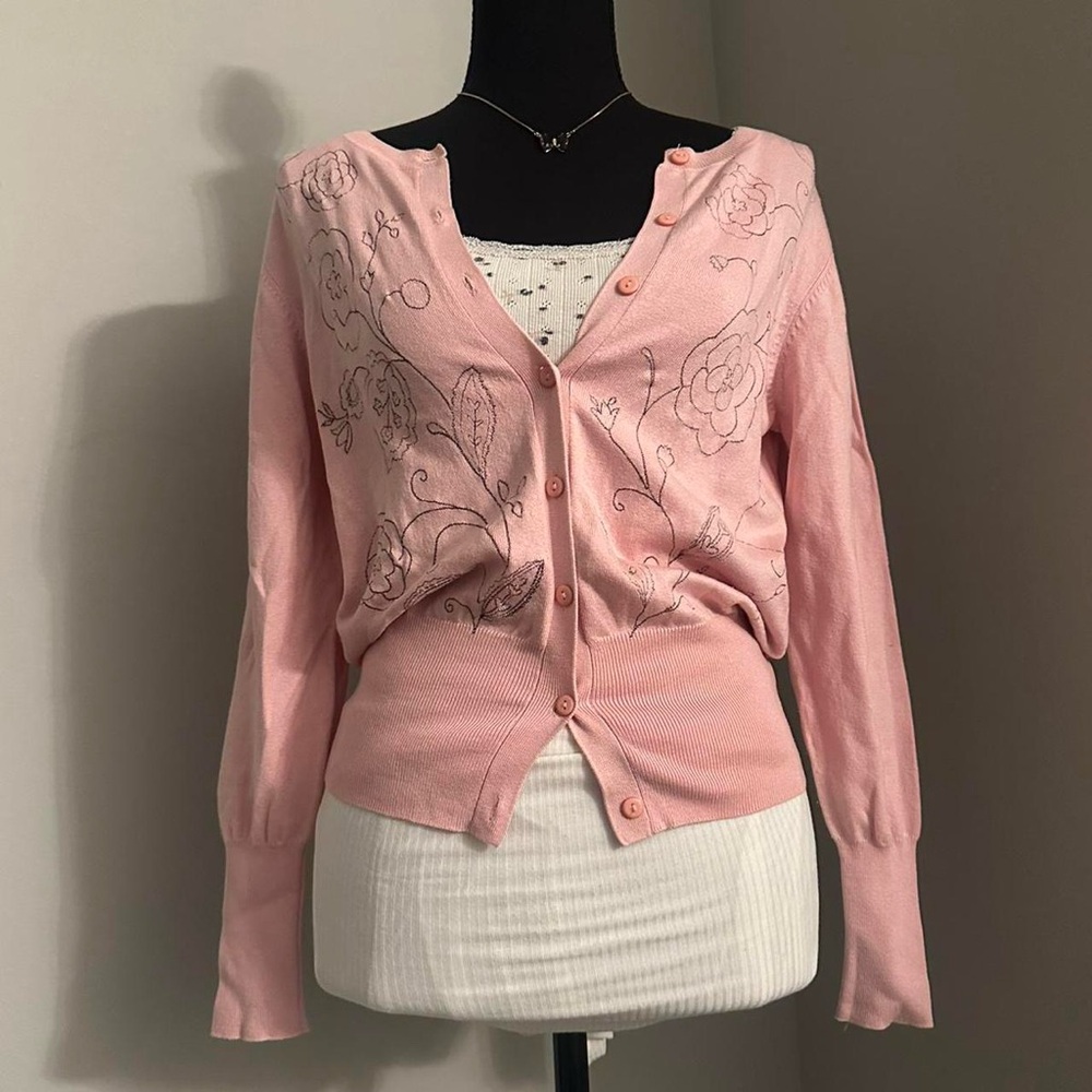 Petite Sophisticate Pink Embroidered Cardigan